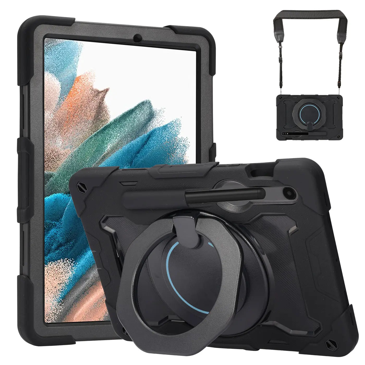 Schwarze Tablet-Hülle aus Kunststoff mit Ständer und Gurt, Vorder- und Rückansicht, für Samsung Galaxy Tab A8
