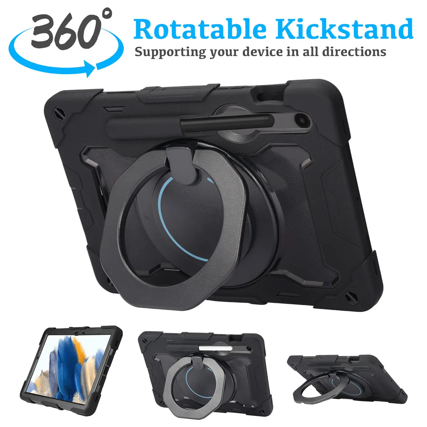 Schwarzes Tablet-Case aus Kunststoff mit Ständer und Ring, Samsung Tab A8, verschiedene Winkel.