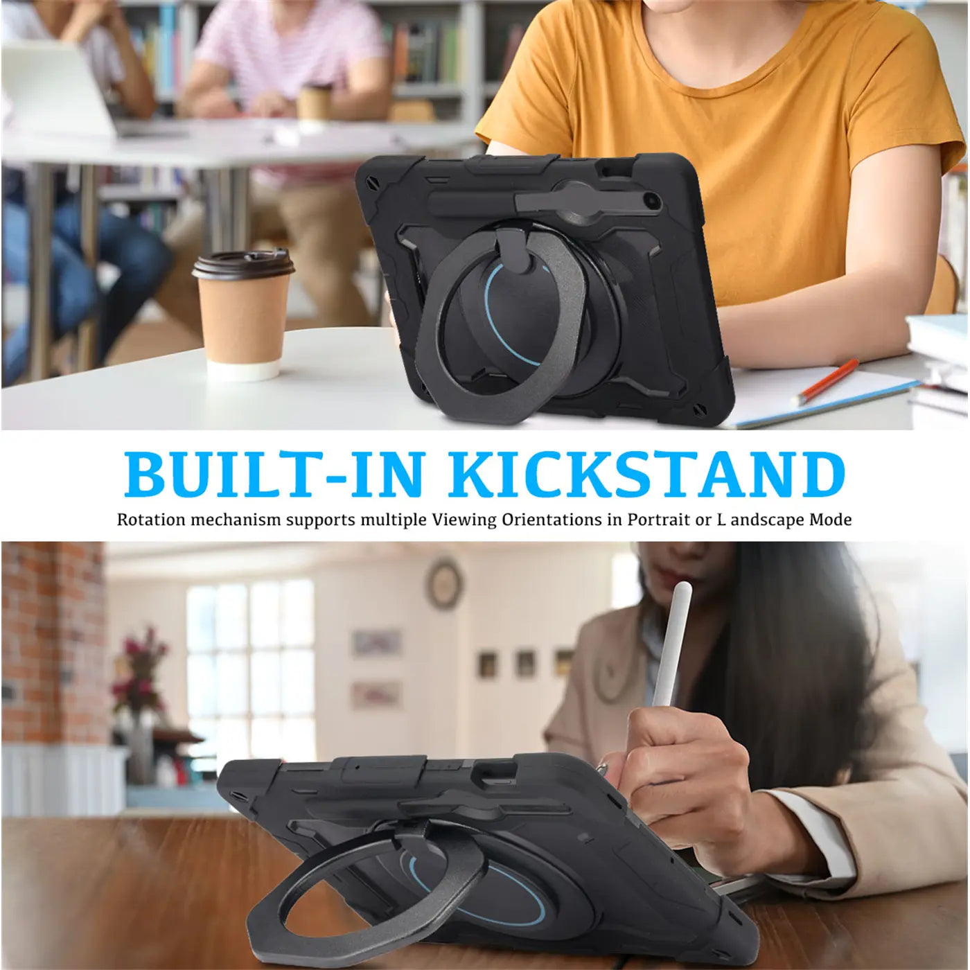 Schwarzes Tablet-Case aus Kunststoff mit integriertem Ständer und Ring, von vorne gezeigt.