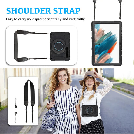 Robuste Outdoor-Schutzhülle für Samsung Galaxy Tab A8 10.5 2021 in Schwarz – Stoßfest mit 360° Ständer und Schultergurt