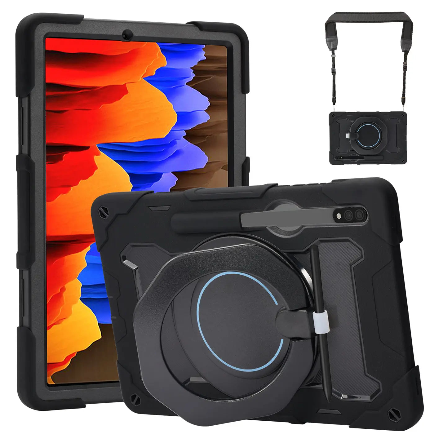 Schwarzes Samsung Galaxy Tab S8 Ultra Armor Case mit Ständer, Gurt und Stifthalter.