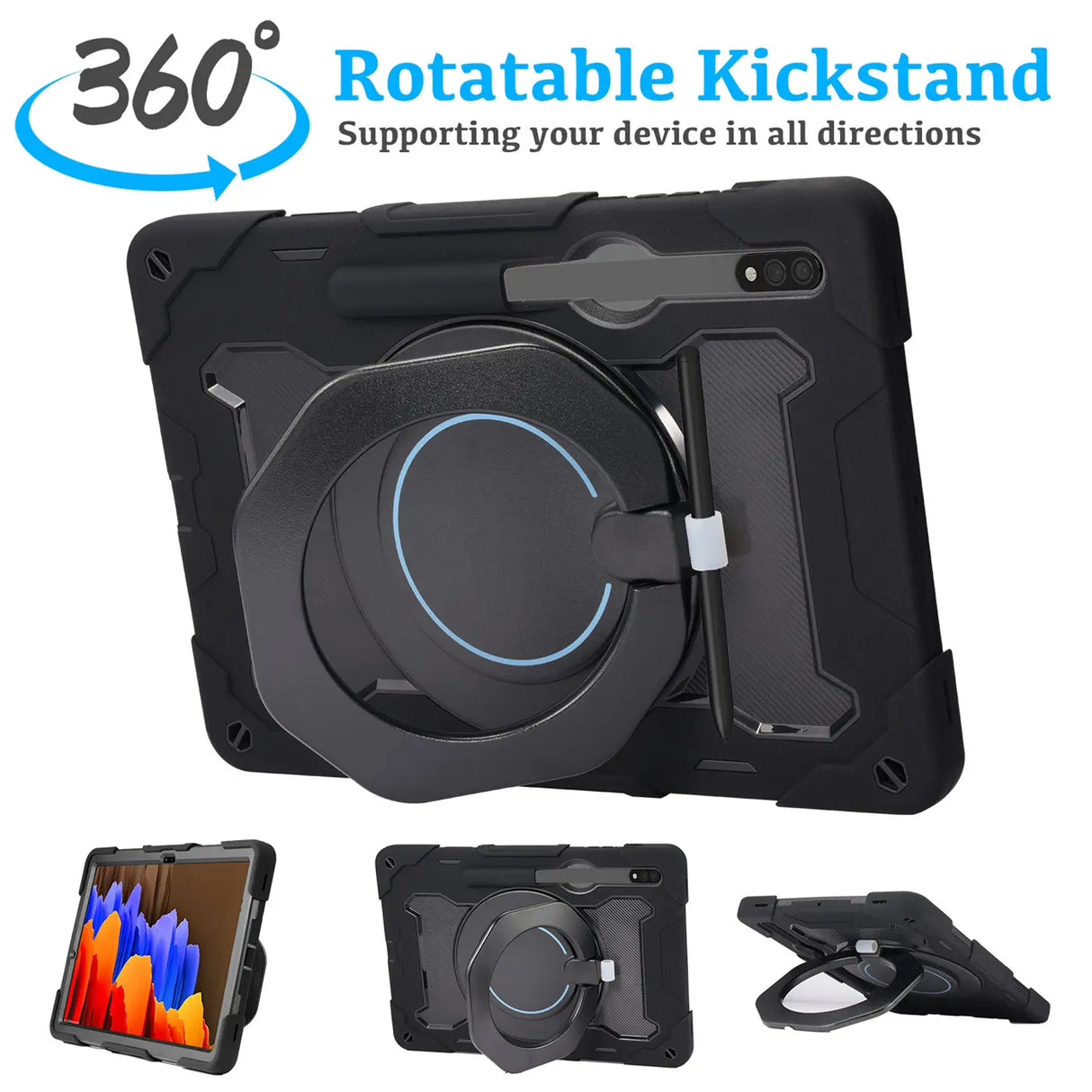 Robuste Outdoor-Schutzhülle für Samsung Galaxy Tab Tab S7 / S8 in Schwarz – Stoßfest mit 360° Ständer und Schultergurt