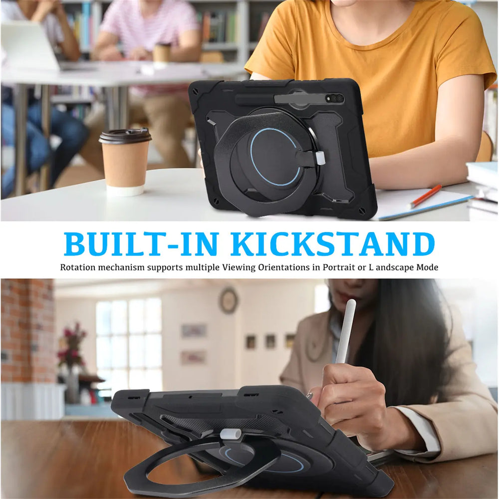 Robuste Outdoor-Schutzhülle für Samsung Galaxy Tab S7 FE / S7+ / S8+ in Schwarz – Stoßfest mit 360° Ständer und Schultergurt