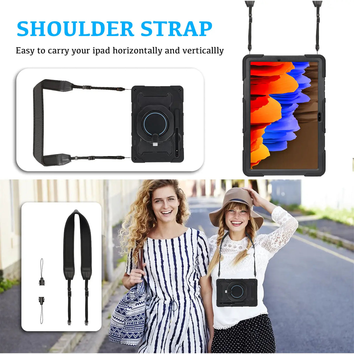 Robuste Outdoor-Schutzhülle für Samsung Galaxy Tab Tab S7 / S8 in Schwarz – Stoßfest mit 360° Ständer und Schultergurt