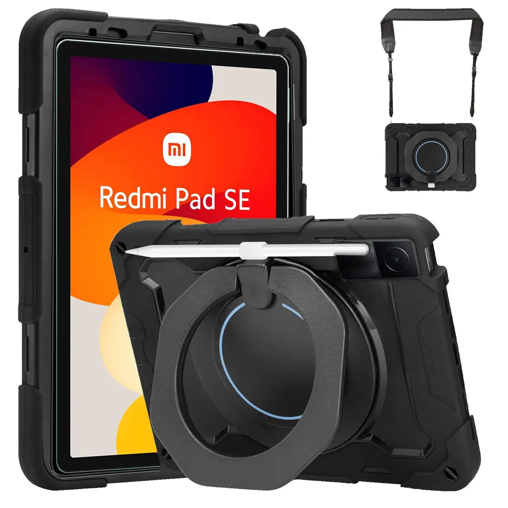 Schwarzes Redmi Pad SE Armor Case aus Kunststoff mit Ständer, Gurt und Ringhalterung, Vorder- und Rückansicht.