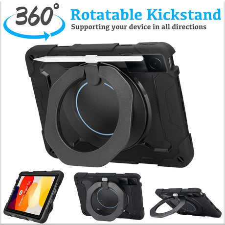 Robuste Outdoor-Schutzhülle für Redmi Pad SE in Schwarz – Stoßfest mit 360° Ständer und Schultergurt