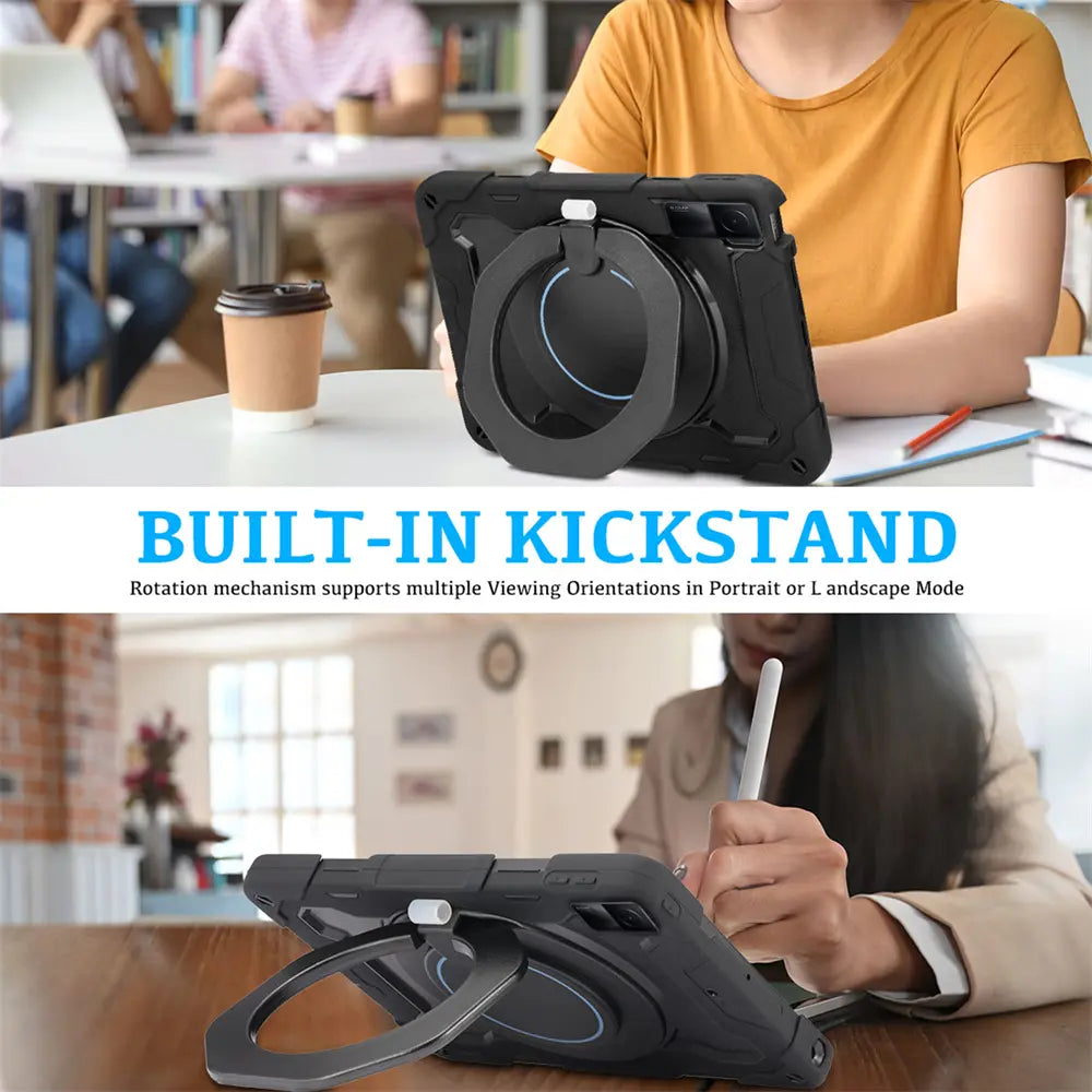 Schwarze Tablet-Hülle aus Kunststoff mit Ständer, von vorne gesehen, mit Redmi Pad SE.