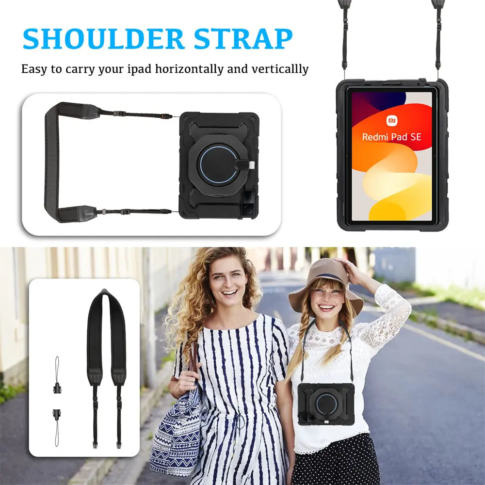 Schwarzes Tablet-Case mit Ständer/Gurt für Redmi Pad SE, von vorne, mit Gurt.