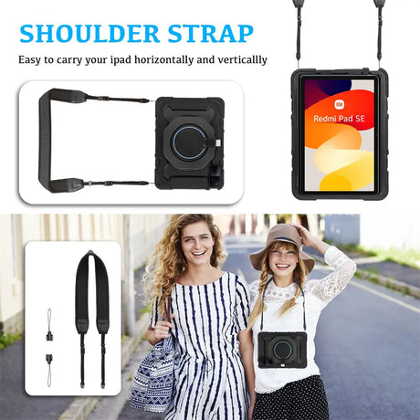Robuste Outdoor-Schutzhülle für Redmi Pad SE in Schwarz – Stoßfest mit 360° Ständer und Schultergurt