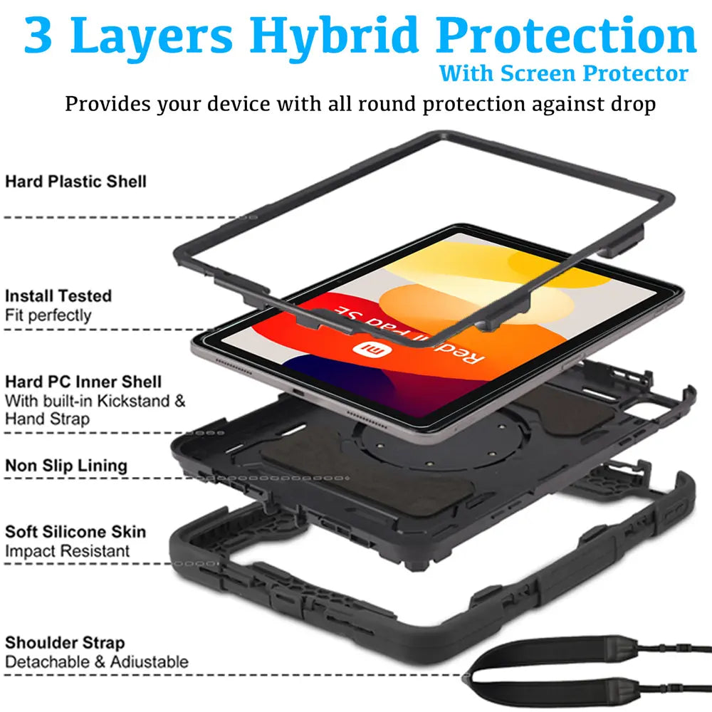 Robuste Outdoor-Schutzhülle für Redmi Pad SE in Schwarz – Stoßfest mit 360° Ständer und Schultergurt