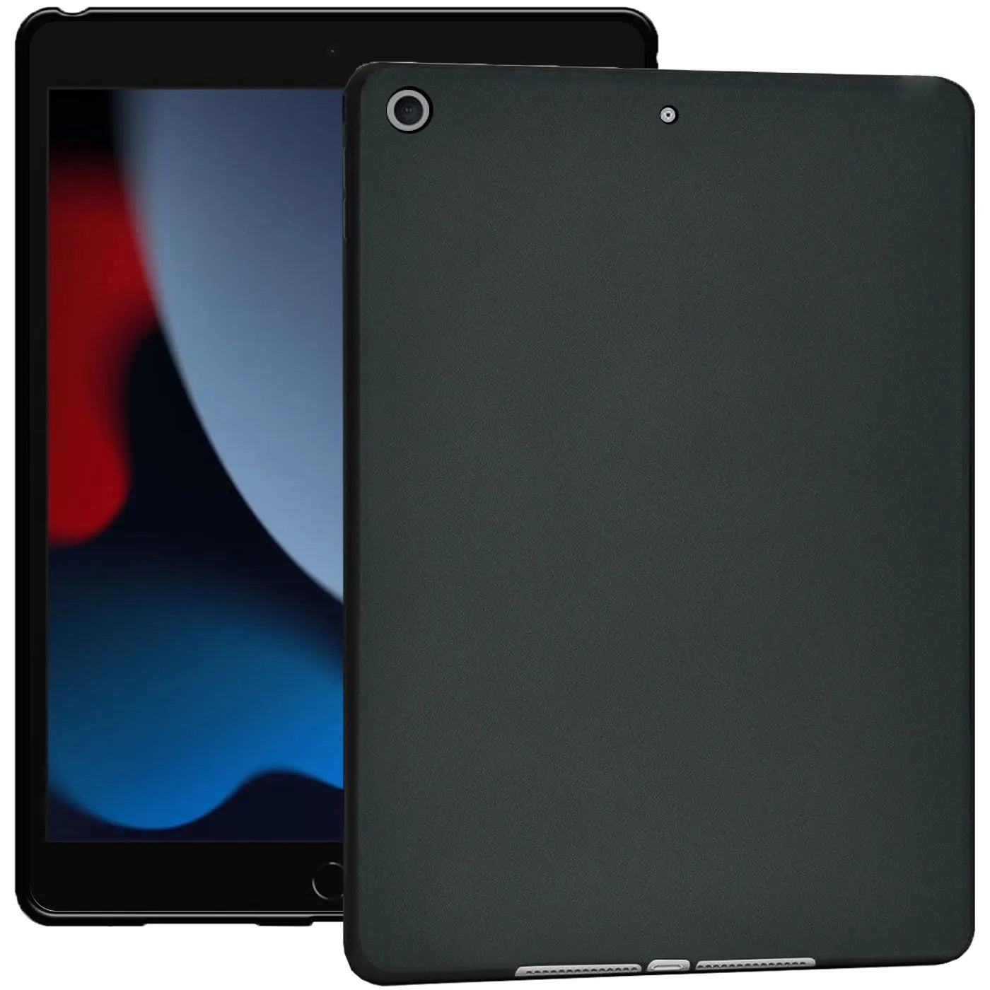 Schwarze TPU-Hülle auf einem schwarzen iPad (7.-9. Gen.), von vorne schräg gezeigt.