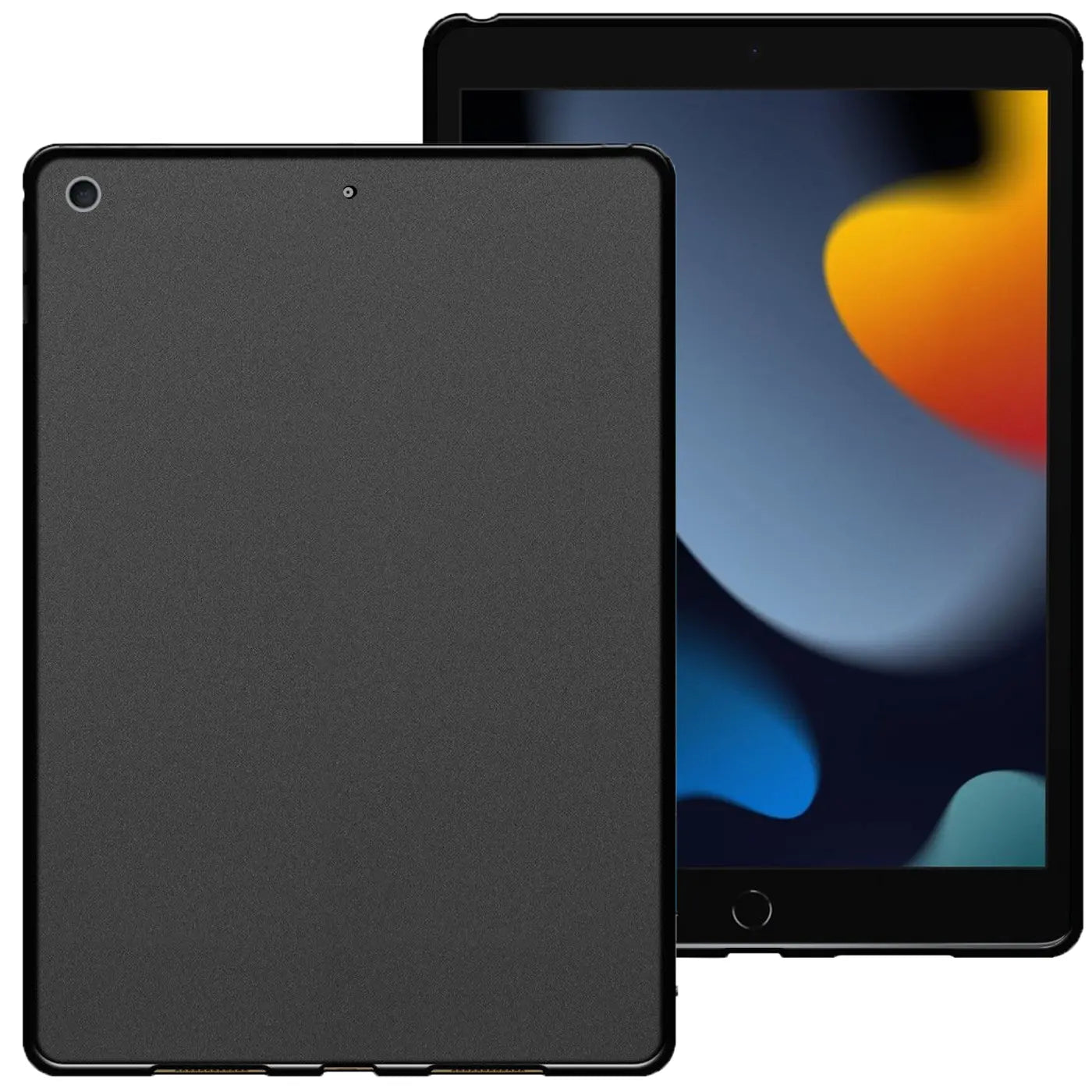 Schwarze TPU-Schutzhülle für iPad (7.-9. Gen.), Rückseite und Vorderseite von vorne