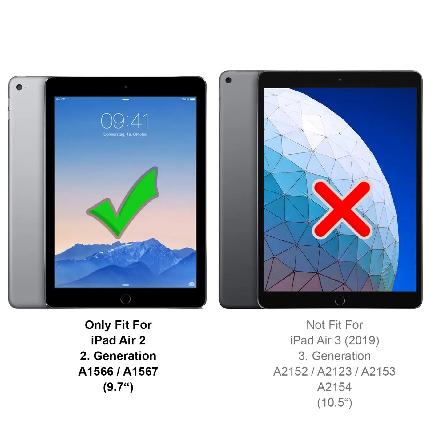 Zwei iPads, links iPad Air 2 mit Häkchen, rechts iPad Air 3 mit Kreuz.