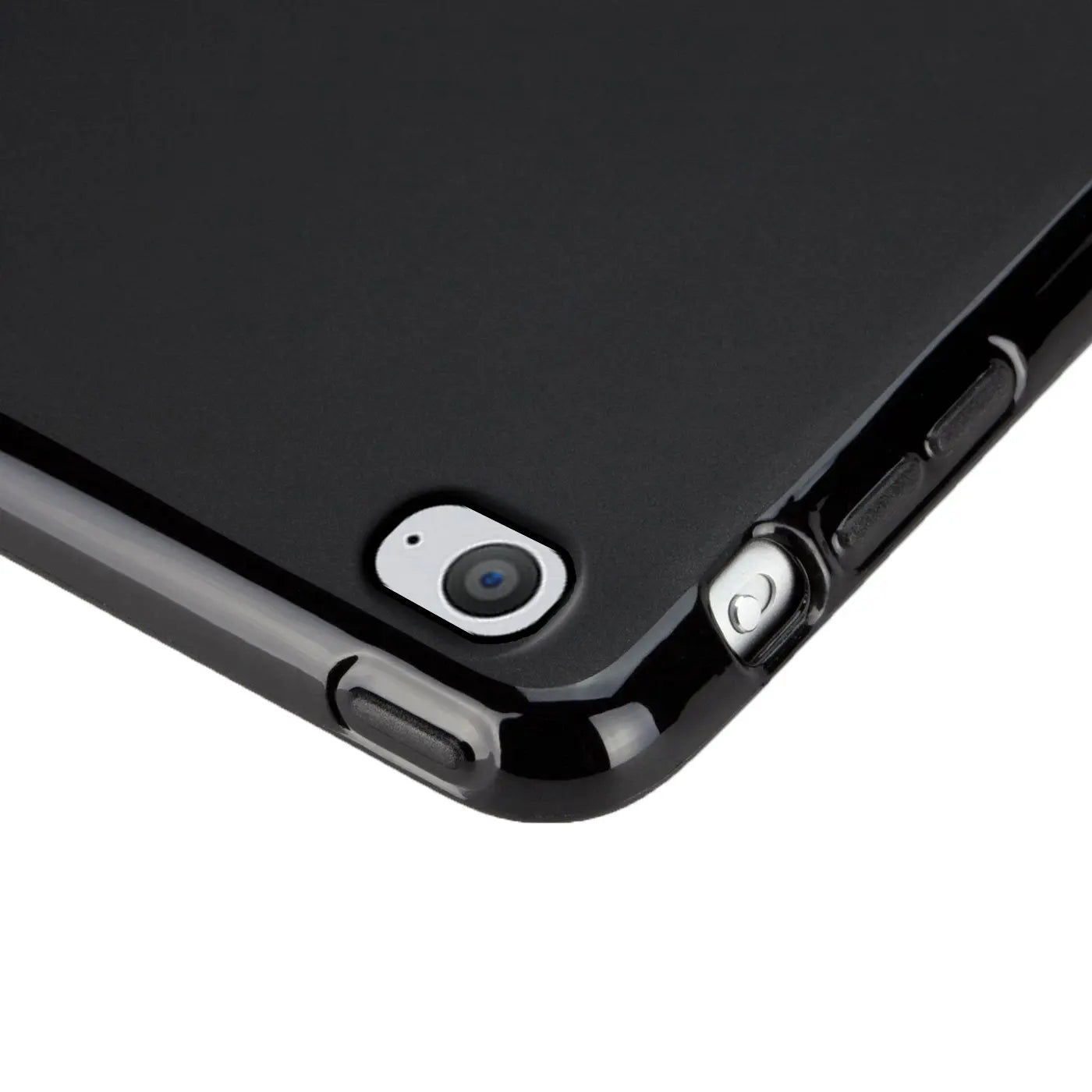 Schwarze TPU-Hülle für iPad Air 2, Nahaufnahme der Rückseite mit Kameraaussparung.
