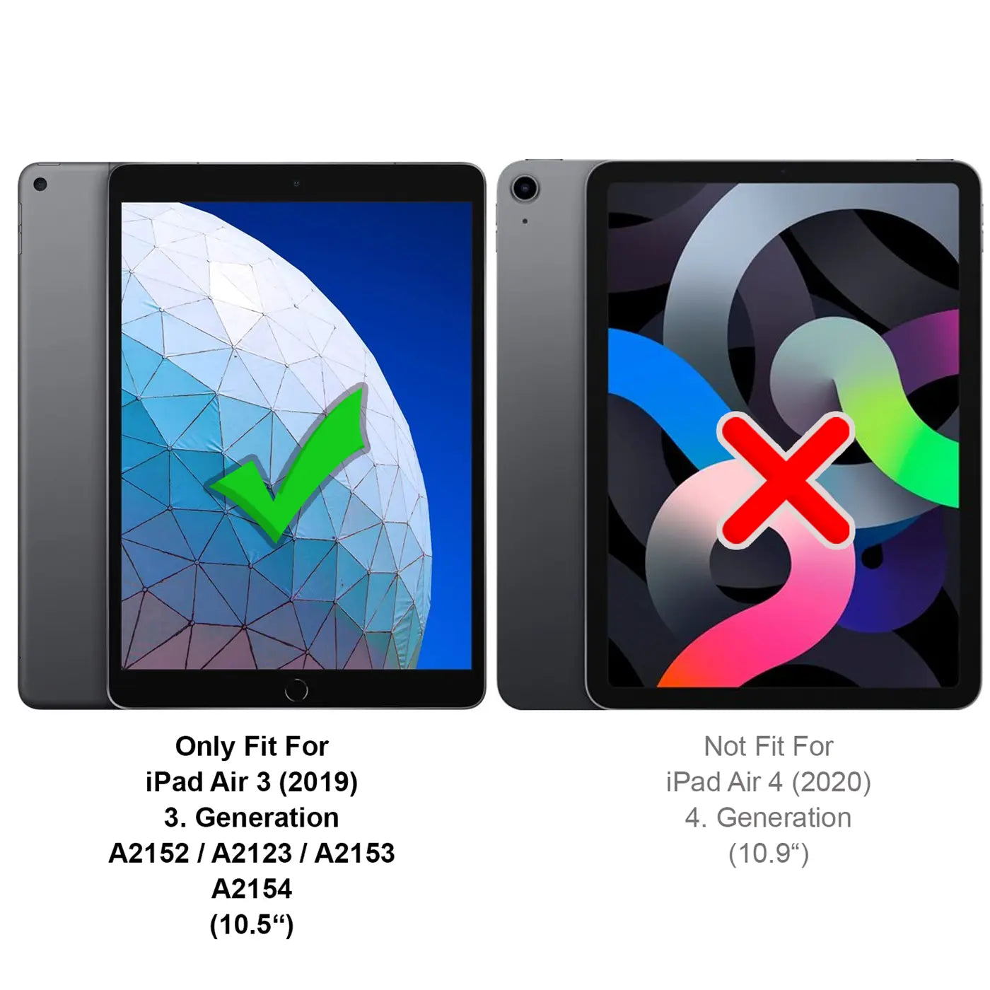 Graues iPad Air 3 (2019) mit grünem Haken, iPad Air 4 (2020) mit rotem Kreuz.