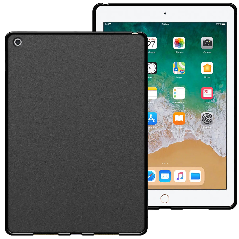 Schwarze TPU-Hülle auf der Rückseite eines iPads, Vorderansicht.