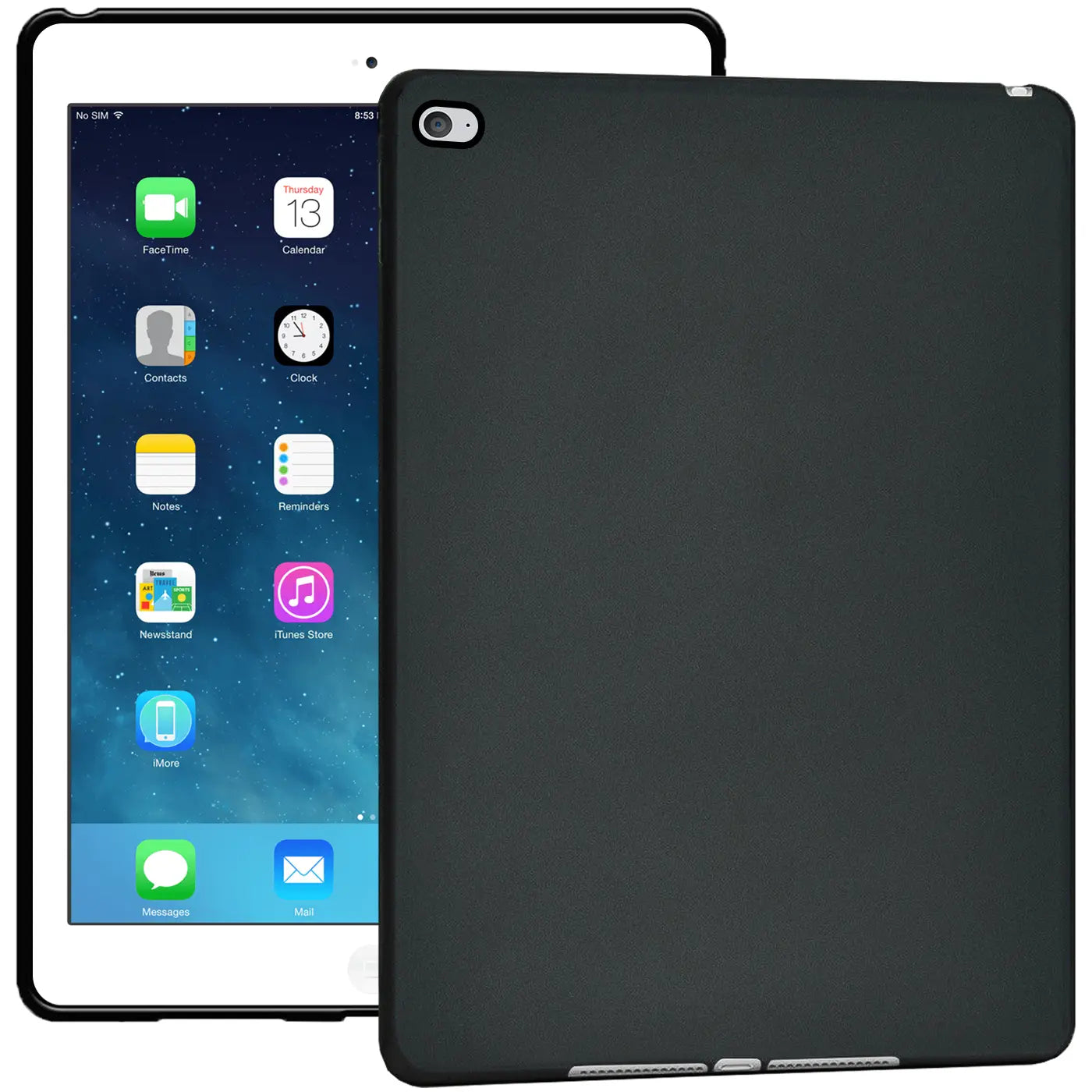 Schwarze TPU-Hülle auf einem iPad mini 4, von vorne leicht schräg fotografiert.