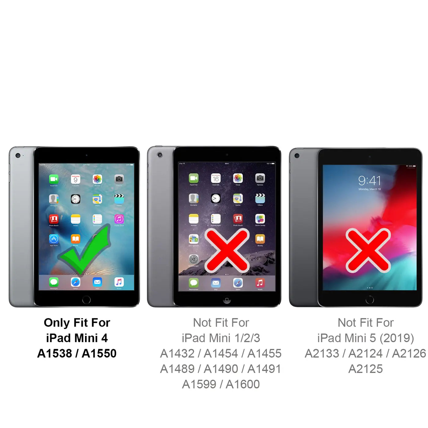 Drei iPads im Frontalansicht. Links: iPad Mini 4 mit grünem Haken. Mitte/Rechts: iPads mit rotem Kreuz.