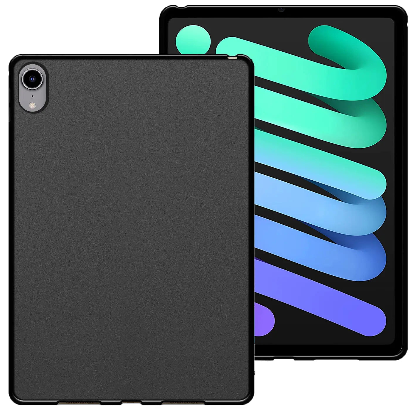 Schwarze TPU-Schutzhülle für iPad mini (6. Gen.), Rückansicht, mit Tablet im Hintergrund