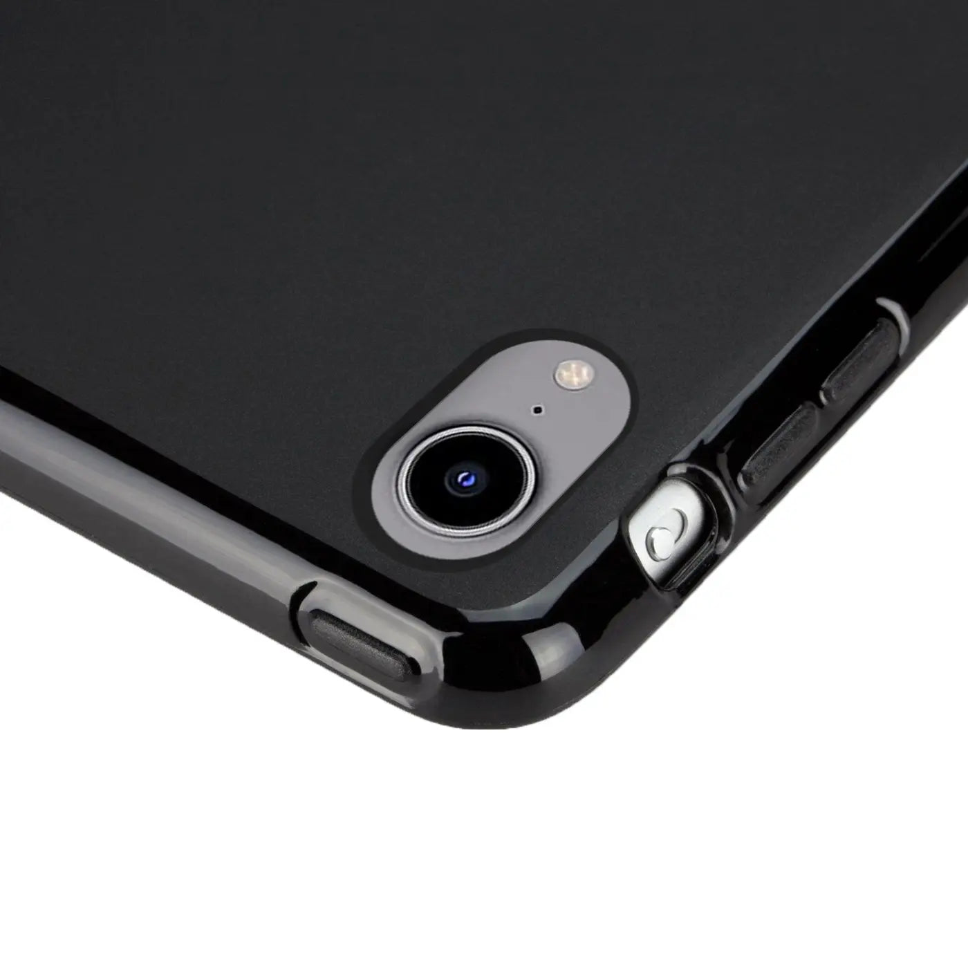 Schwarze TPU Hülle auf iPad mini (6. Gen.), Nahaufnahme Rückseite, Winkel von oben rechts