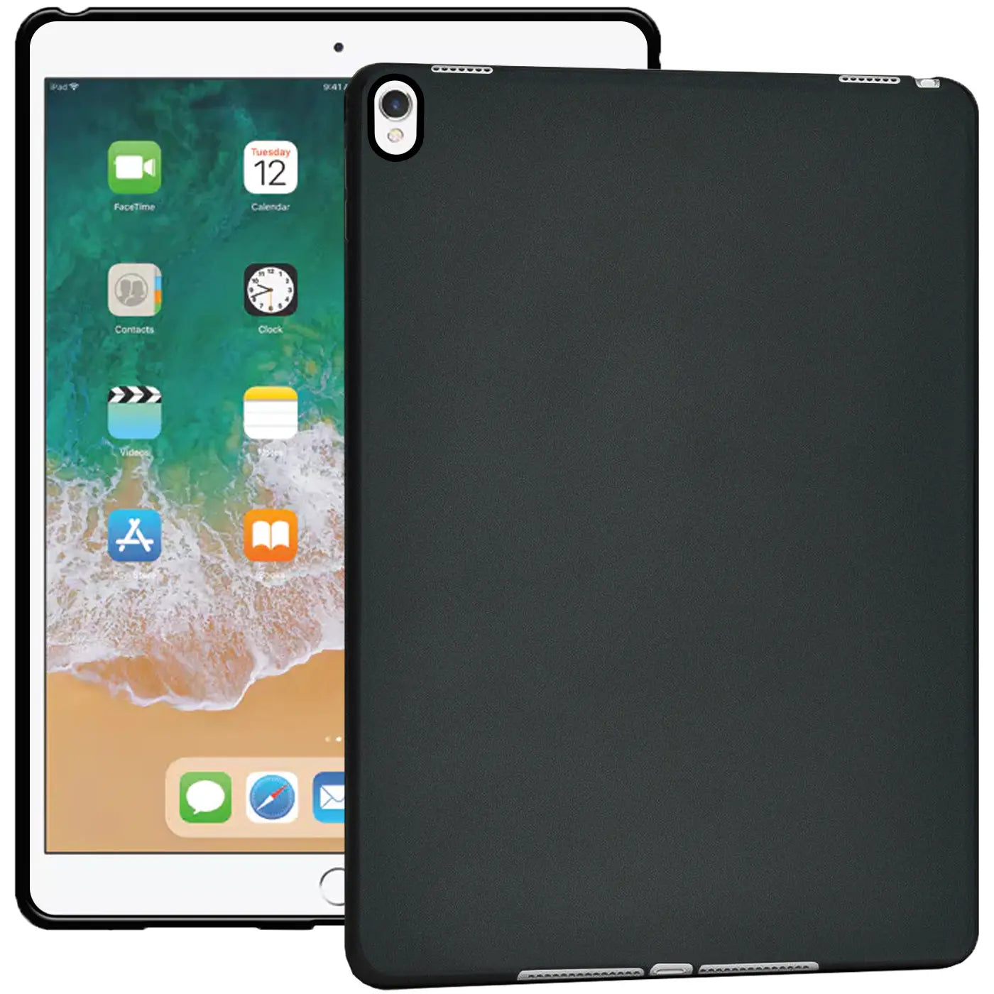 Schwarze TPU-Schutzhülle für 10,5" iPad Pro, Rückseite sichtbar, iPad mit Display im Hintergrund.