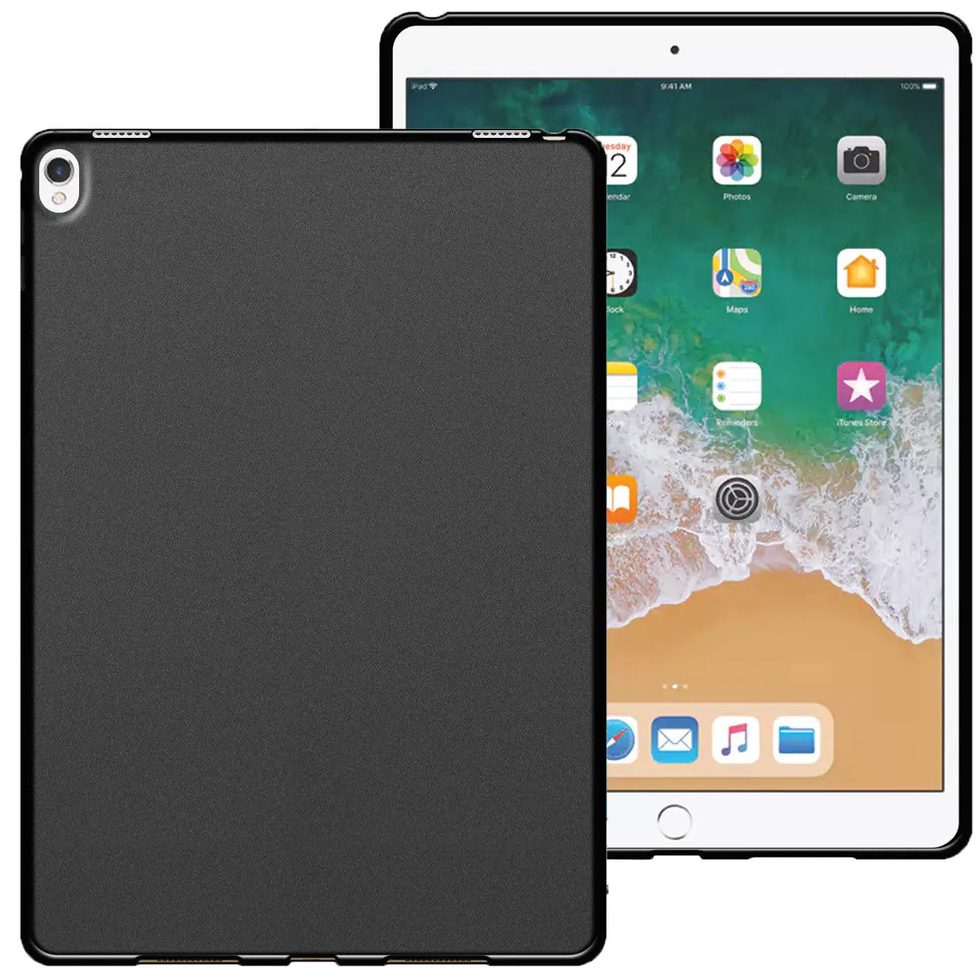 Schwarze, matte TPU-Schutzhülle für 10,5" iPad Pro, Rückseite sichtbar, leicht schräg vor einem iPad Pro.