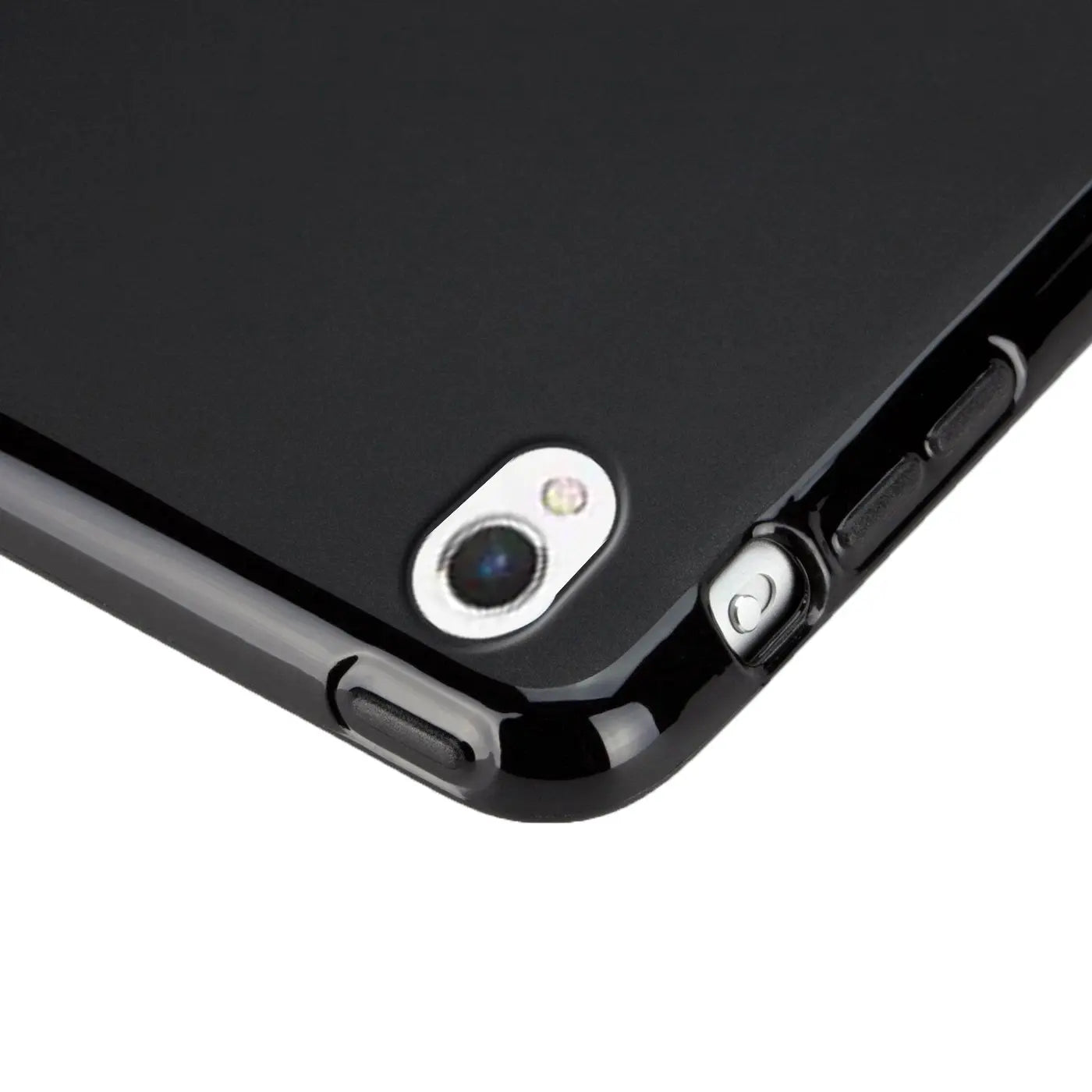 Schwarze TPU-Schutzhülle für 10,5" iPad Pro, Nahaufnahme der Rückseite mit Kameraausschnitt und Tasten.