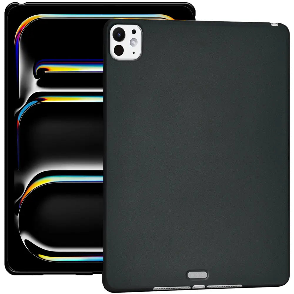 Schwarze TPU-Schutzhülle für 11" iPad Pro (M4), von hinten rechts oben gesehen, teilweise überlappend mit iPad.
