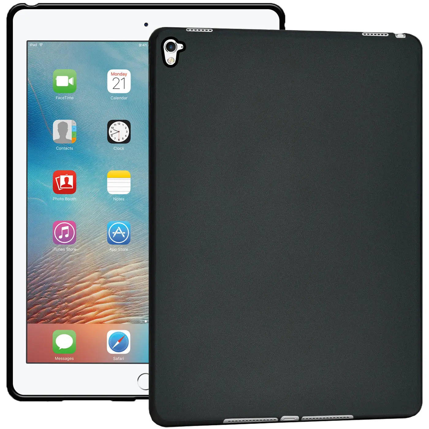 Schwarze TPU-Schutzhülle für 9,7" iPad Pro, von hinten rechts gesehen, iPad links im Hintergrund.