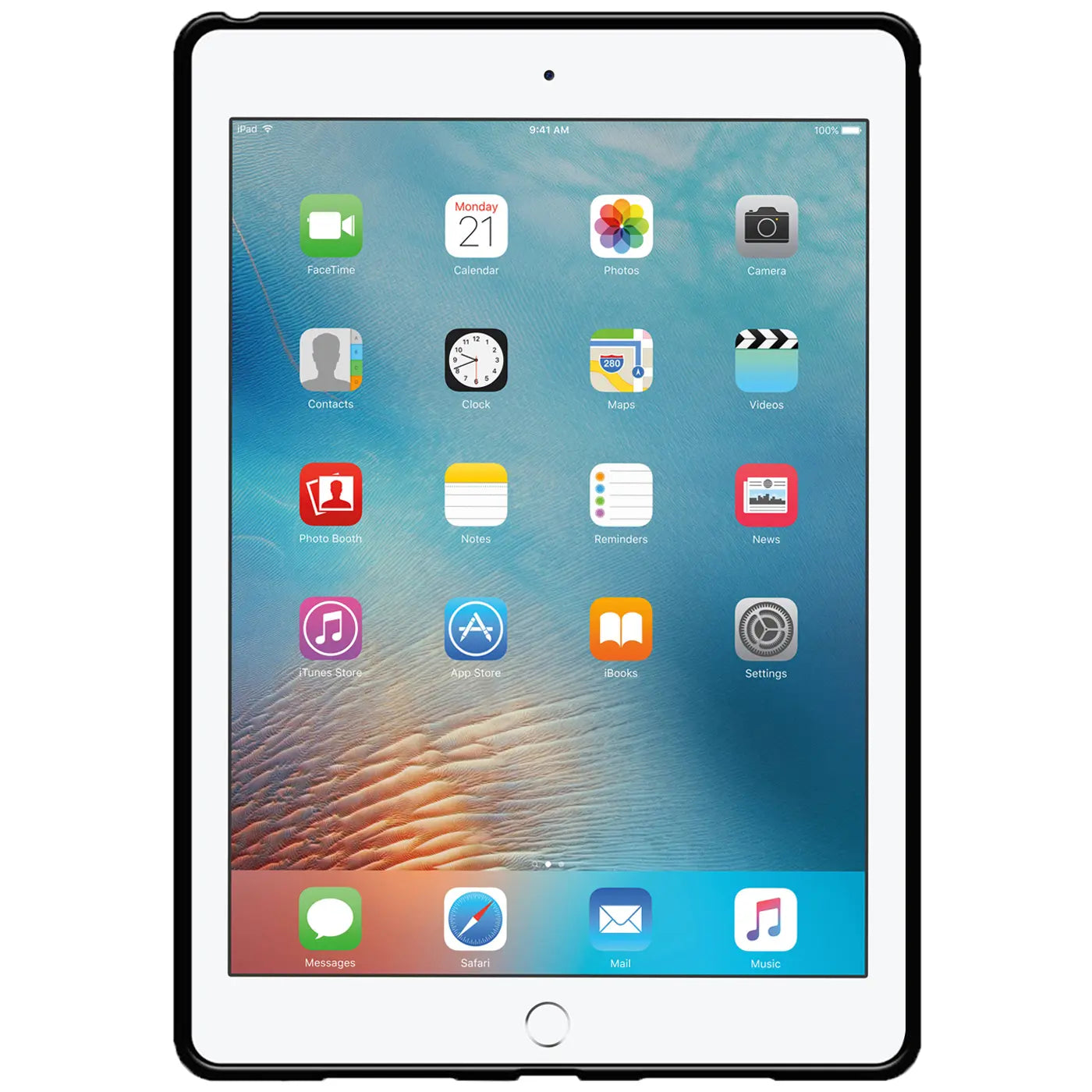 9,7" iPad Pro mit schwarzer TPU-Schutzhülle, Frontansicht. Das Display zeigt den Startbildschirm mit Apps.