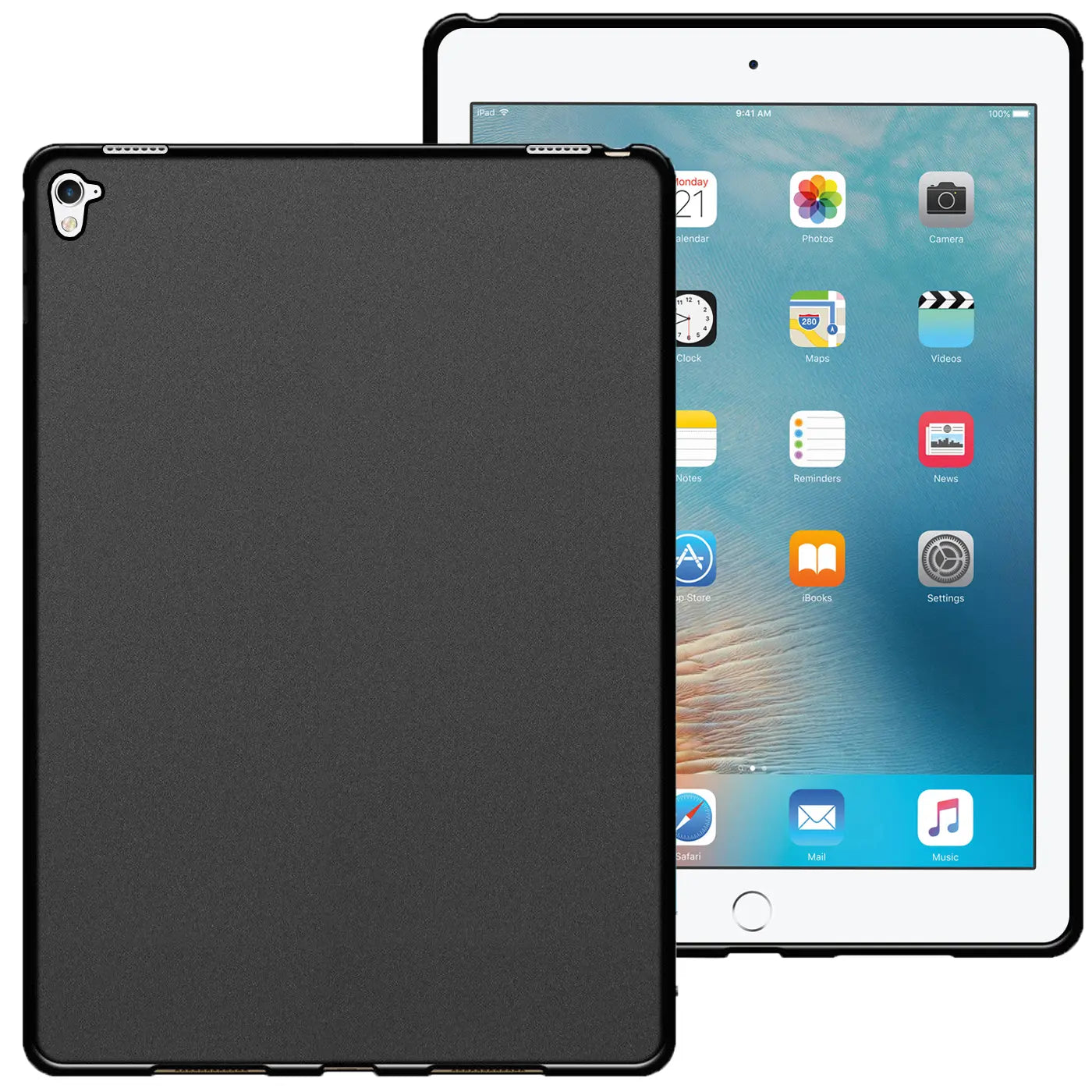 Schwarze TPU Schutzhülle für 9,7" iPad Pro, Rückseite von oben links sichtbar, iPad im Hintergrund.