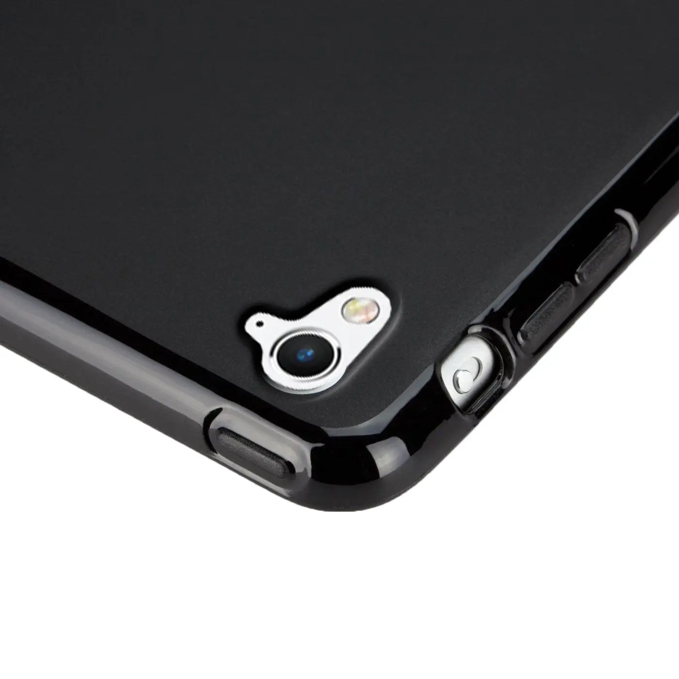 Rückseite eines 9,7" iPad Pro in schwarzer TPU-Schutzhülle, schräg von oben. Kamera und Tasten sind sichtbar.