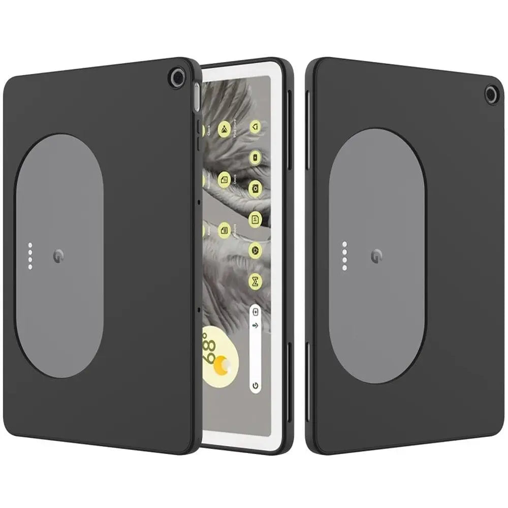 Zwei schwarze TPU-Schutzhüllen für Google Pixel Tablet 11.0, von hinten und schräg vorne gezeigt.