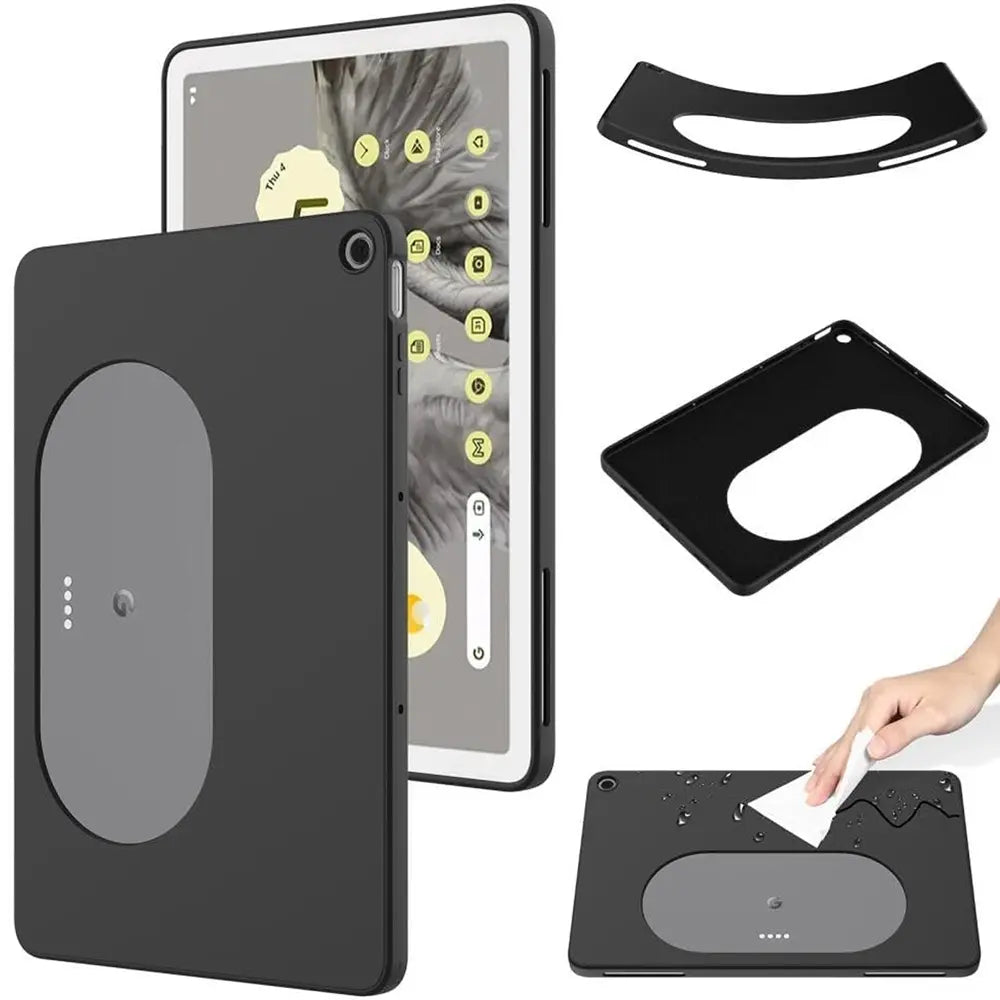 Schwarze TPU-Schutzhülle für Google Pixel Tablet 11.0, von hinten und schräg von oben gezeigt.