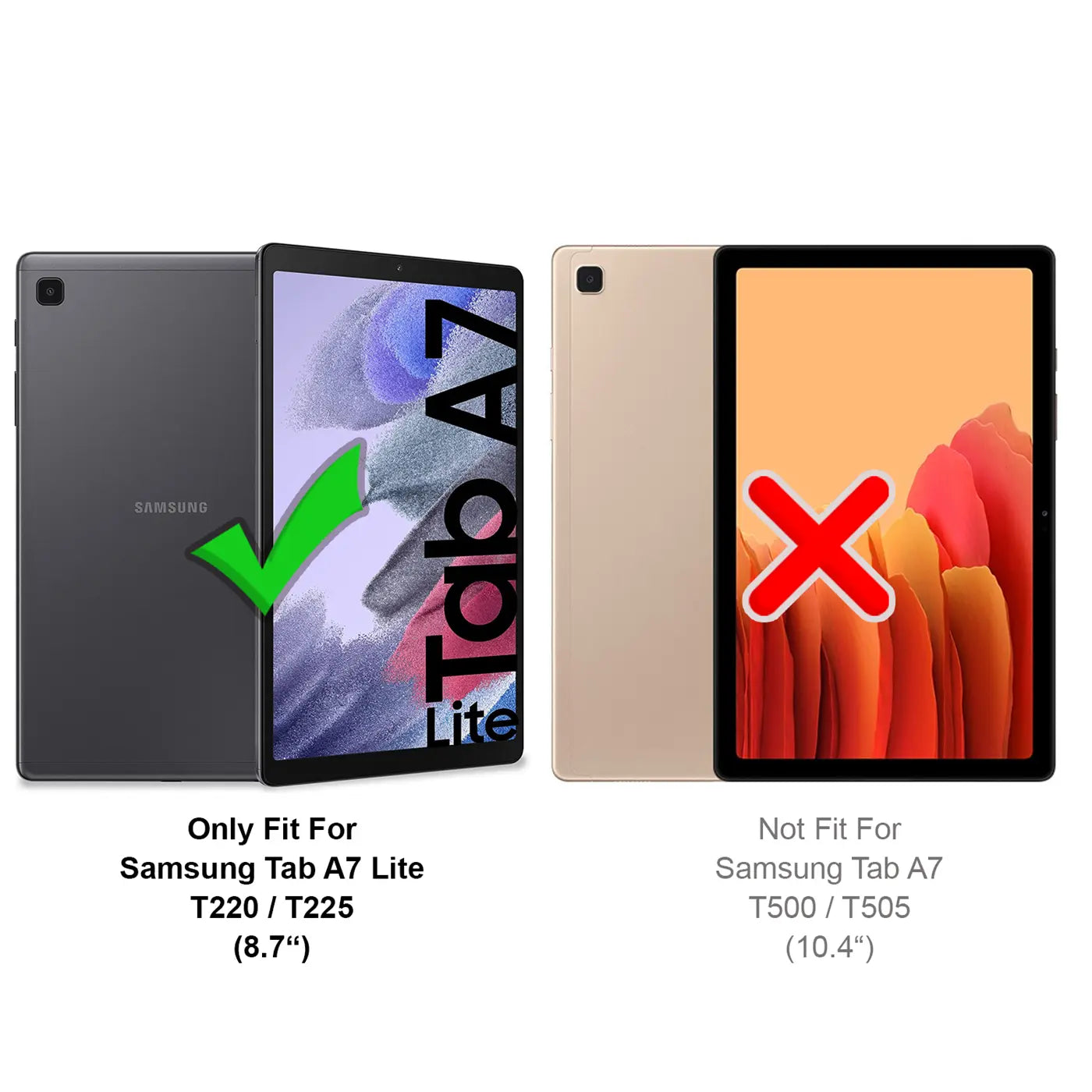 Zwei Samsung Tablets: links ein graues Tab A7 Lite (8.7") mit grünem Haken, rechts ein goldenes Tab A7 (10.4") mit rotem.