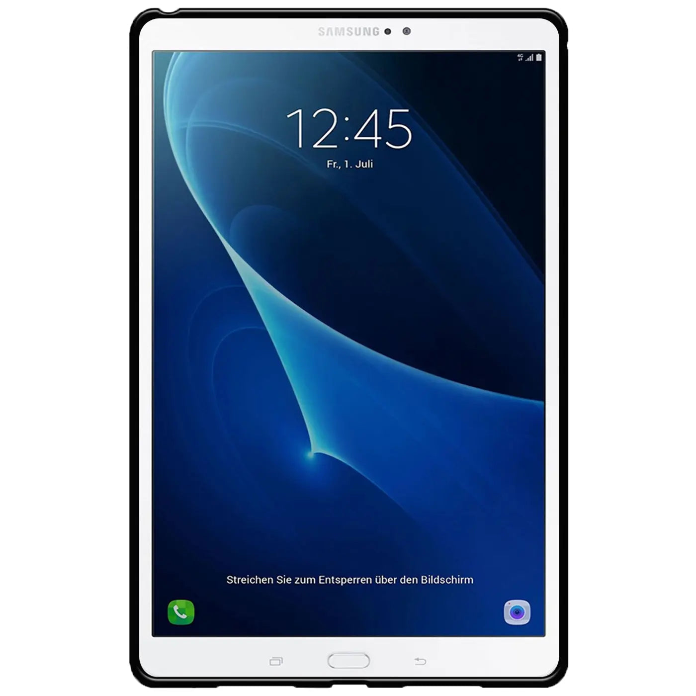 Schwarze TPU-Hülle um ein Samsung Galaxy Tab A 10.1 (2016) Tablet, Vorderansicht.