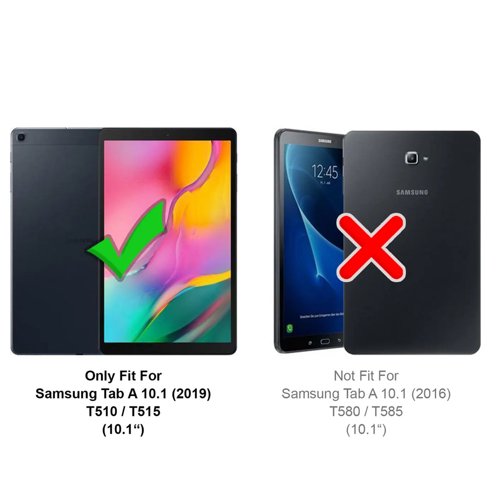 Samsung Galaxy Tab A 10.1 (2019) mit grüner Markierung, daneben Tab A 10.1 (2016) mit rotem Kreuz.