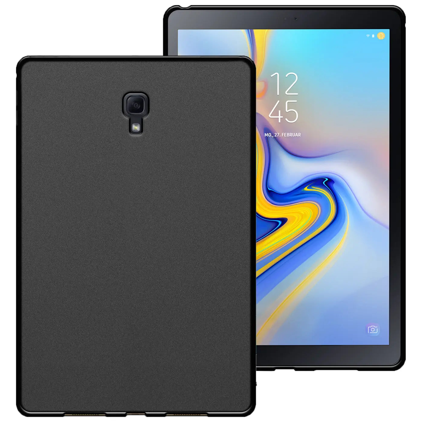 Schwarze TPU-Schutzhülle auf einem Samsung Galaxy Tab A 10.5 (2018). Rückansicht.