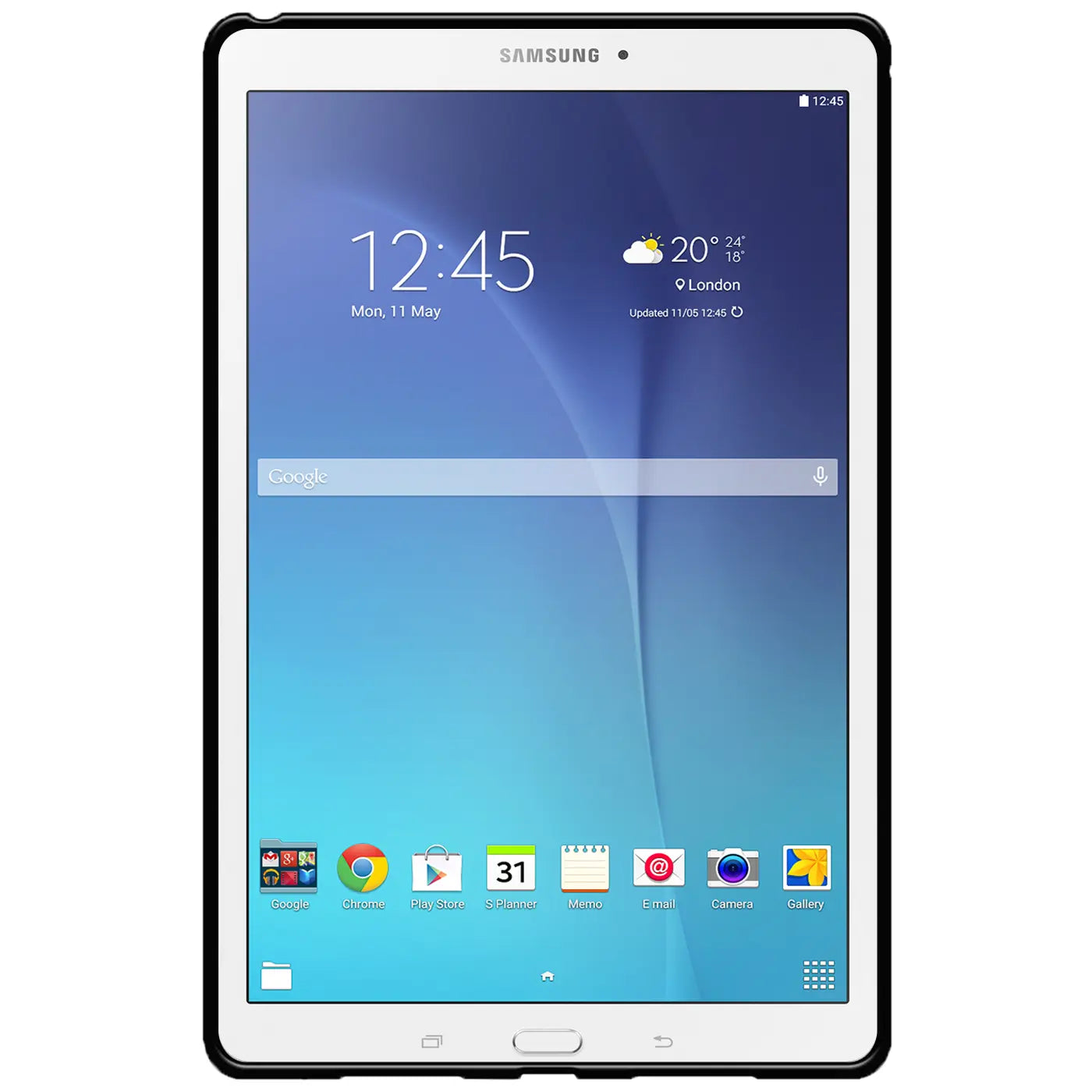 Samsung Galaxy Tab S2 9.7 mit schwarzer TPU-Hülle, Vorderansicht.