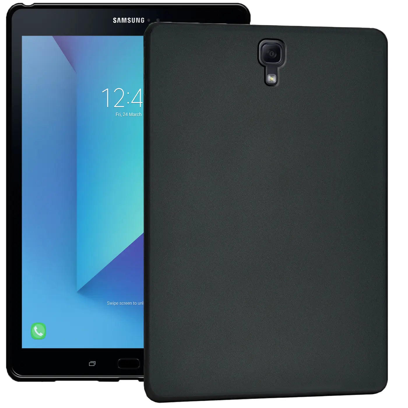 Schwarze TPU Hülle auf Samsung Galaxy Tab S3 9.7, Rückansicht, leicht schräg