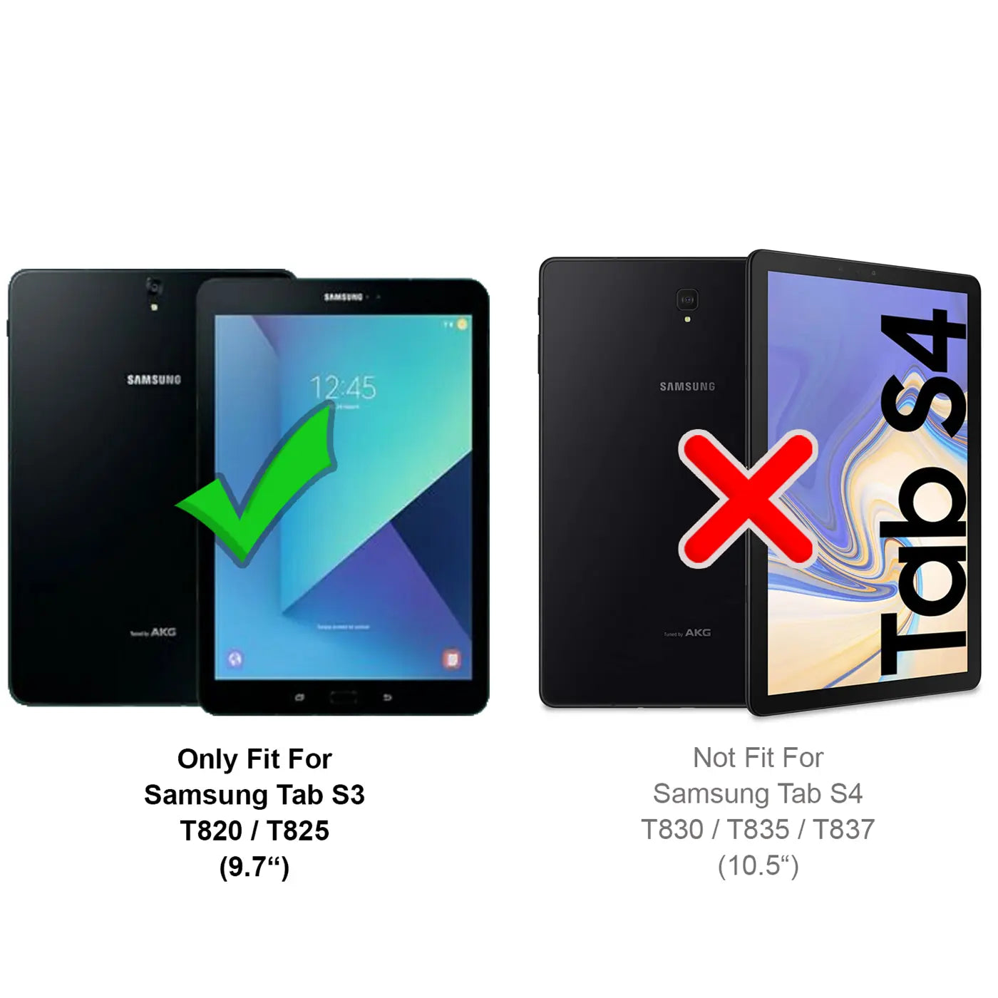 Zwei schwarze Samsung Tablets, eines mit grüner Haken-Markierung, das andere mit rotem Kreuz.