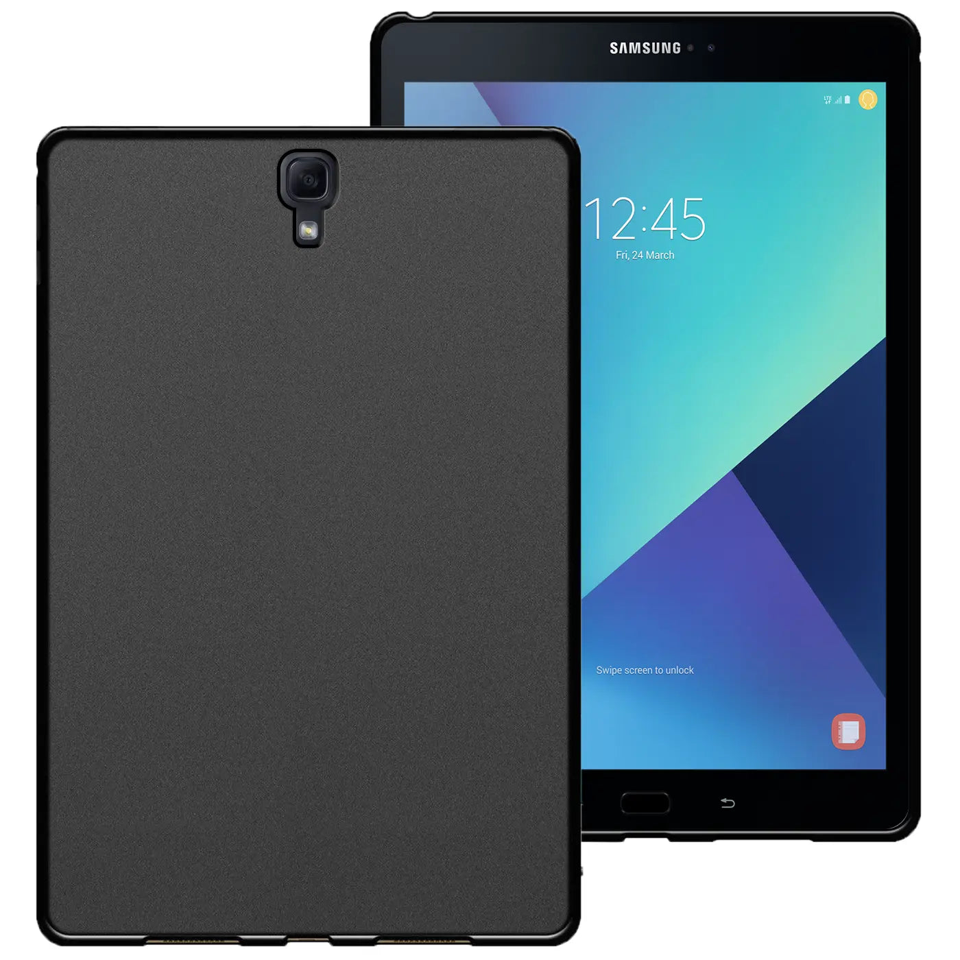 Schwarze TPU Schutzhülle für Samsung Galaxy Tab S3 9.7, von hinten und vorne gezeigt.