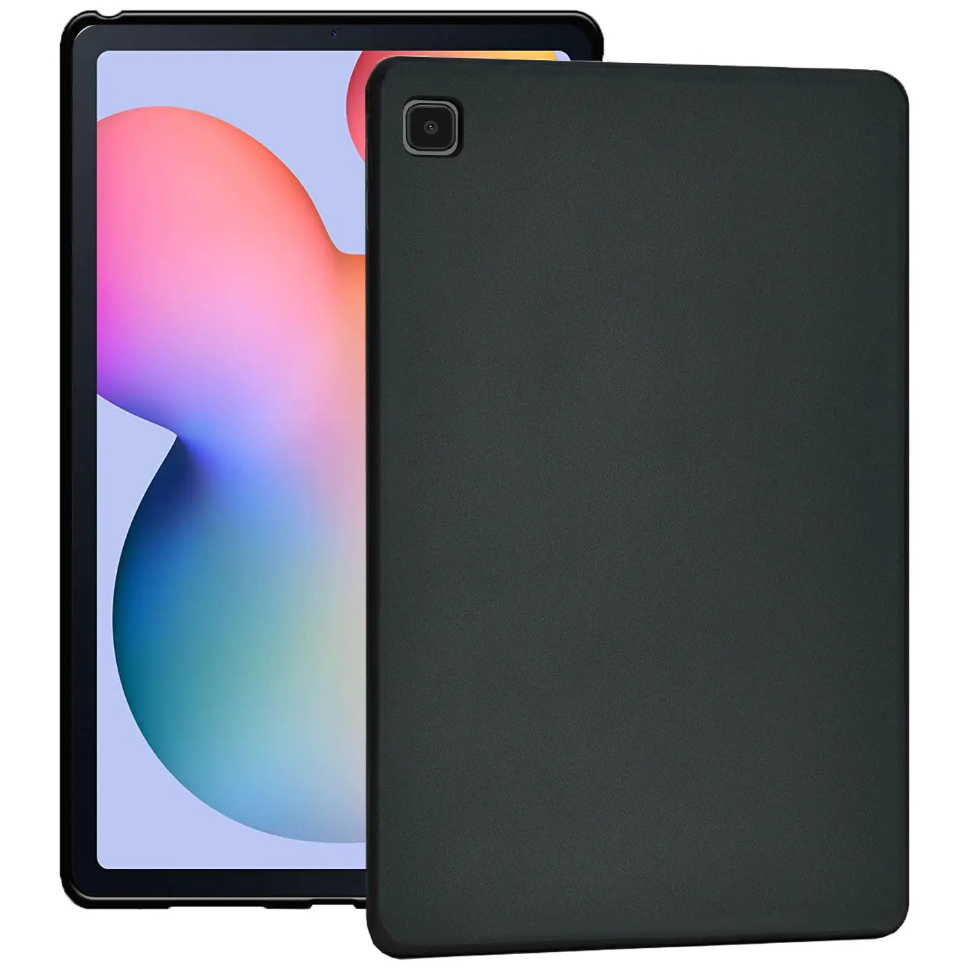 Schwarze TPU-Schutzhülle für Samsung Galaxy Tab S6 Lite, von hinten und vorne gezeigt.