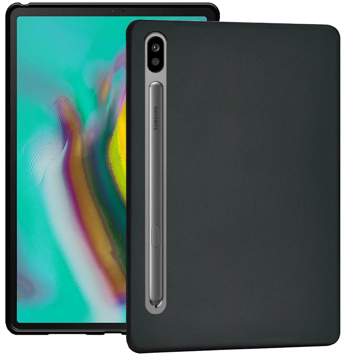 Schwarze TPU-Hülle auf Samsung Galaxy Tab S6 10.5 mit S Pen. Draufsicht.