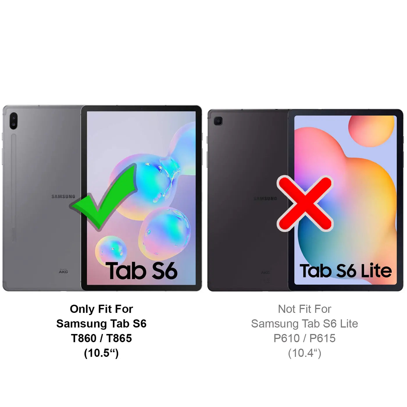 Samsung Tab S6 (links, grau) mit Häkchen, Tab S6 Lite (rechts, schwarz) mit Kreuz.
