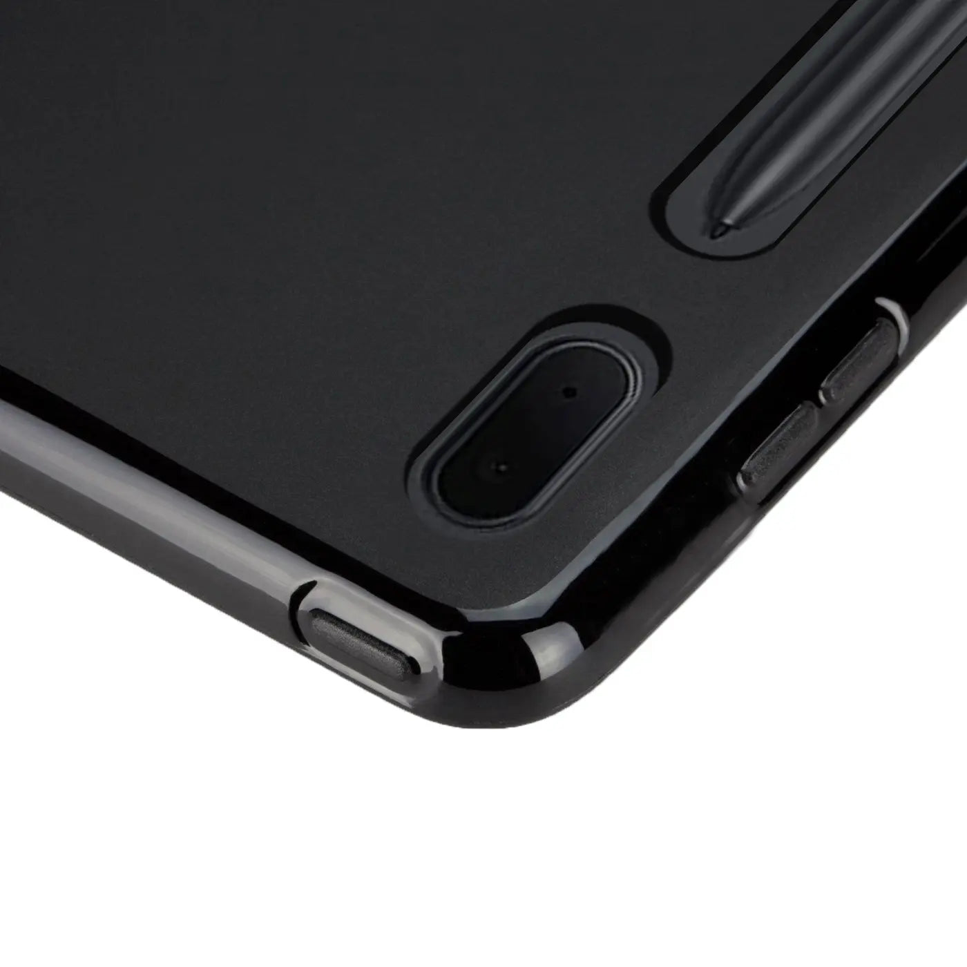 Schwarze TPU-Schutzhülle für Samsung Galaxy Tab S7/S8, Nahaufnahme, Rückseite mit Stifthalter