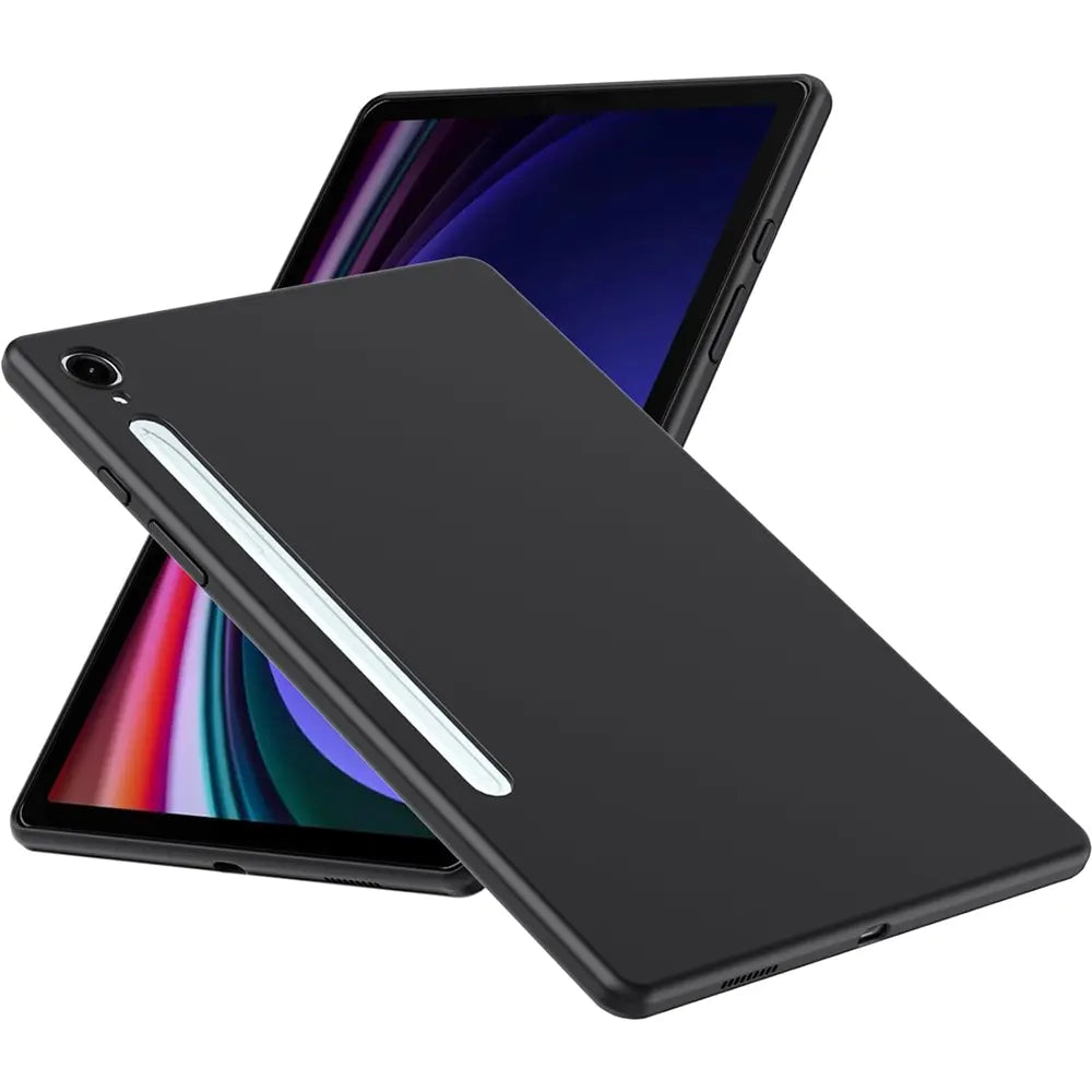 Schwarze TPU-Schutzhülle für Samsung Galaxy Tab S9/S9 FE, von schräg oben fotografiert.