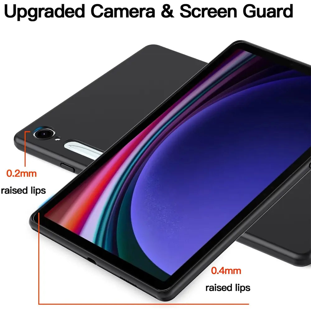 Schwarze TPU-Hülle für Samsung Galaxy Tab S9/S9 FE, von schräg oben, mit erhöhten Rändern.