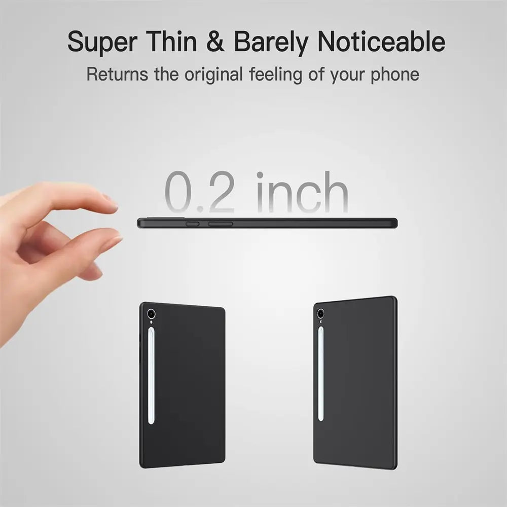 Schwarze TPU-Hülle für Samsung Galaxy Tab S9/S9 FE, von vorne und Seite gezeigt.