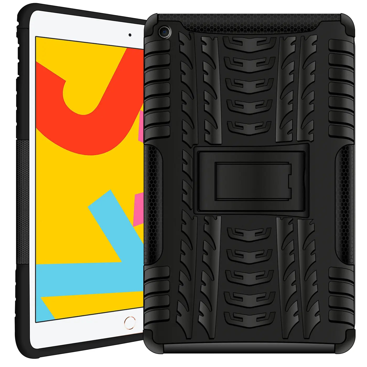 Schwarze Outdoor-Tablet-Hülle aus Gummi mit Ständer, zeigt Vorder- und Rückseite eines iPads.